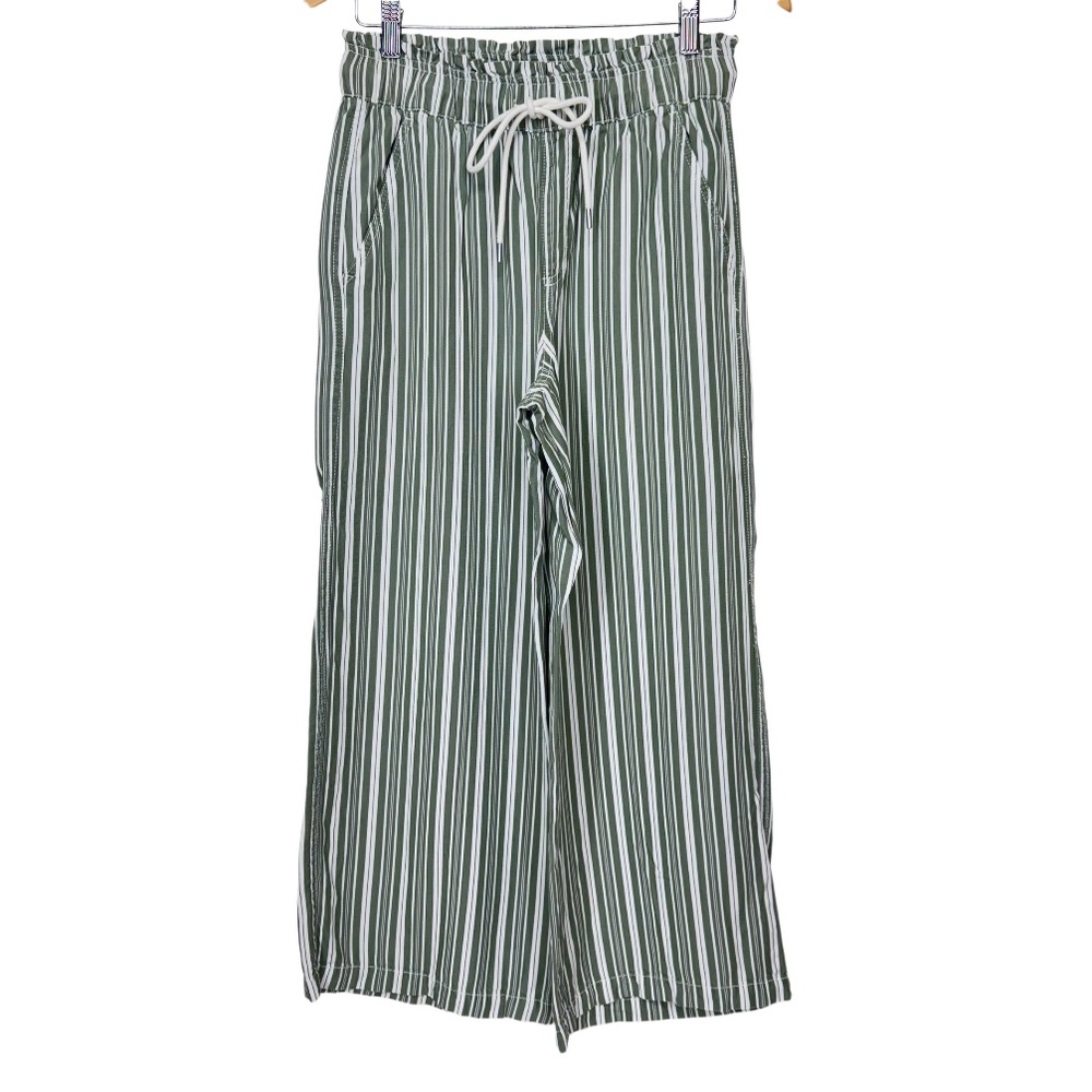 Loft Dusty Olive Green & White Striped Drawstring Waist Wide Leg Pants Size XS